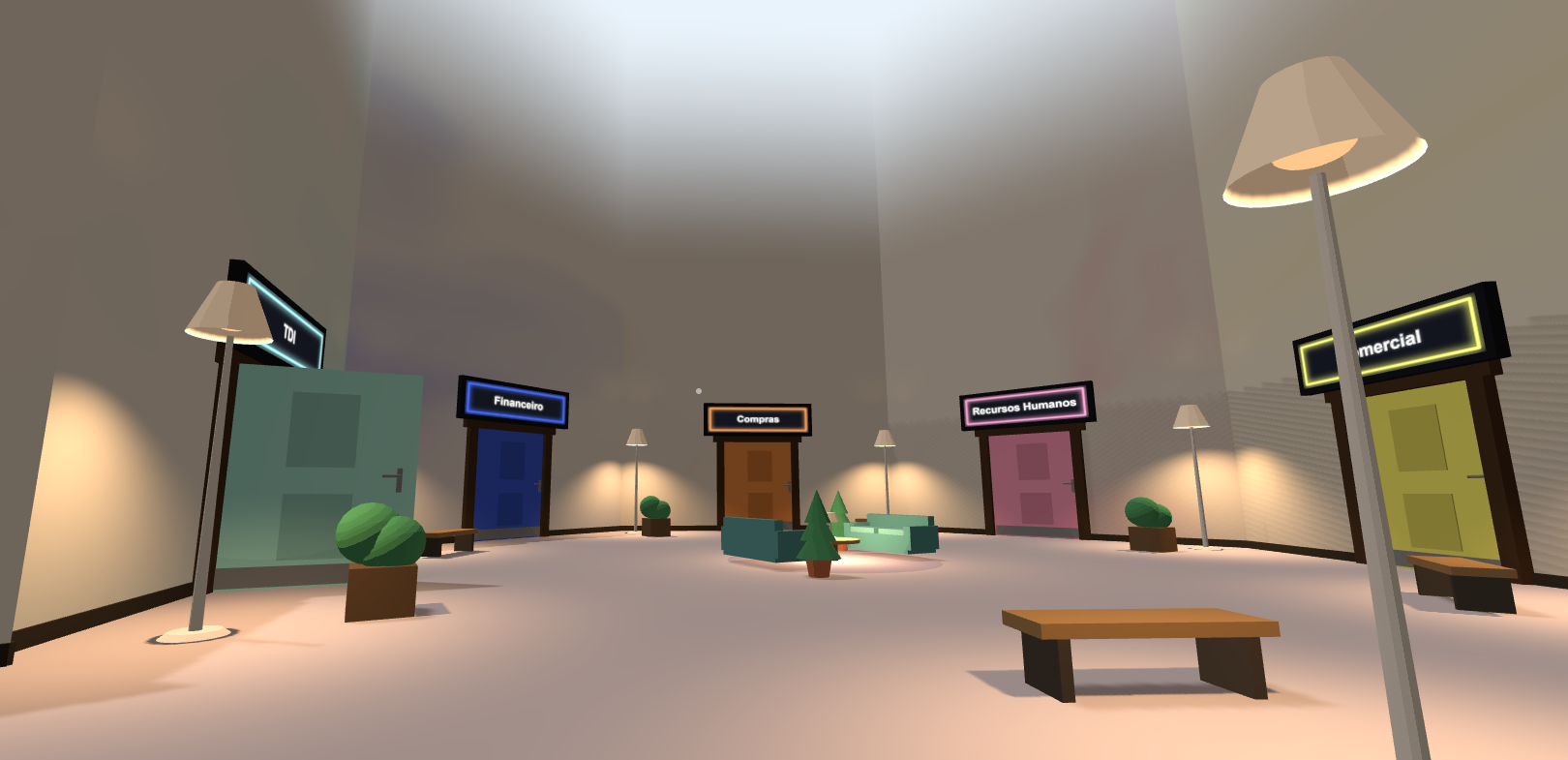 Lobby do escritório Wo@h — anel de departamentos com portas e candeeiros