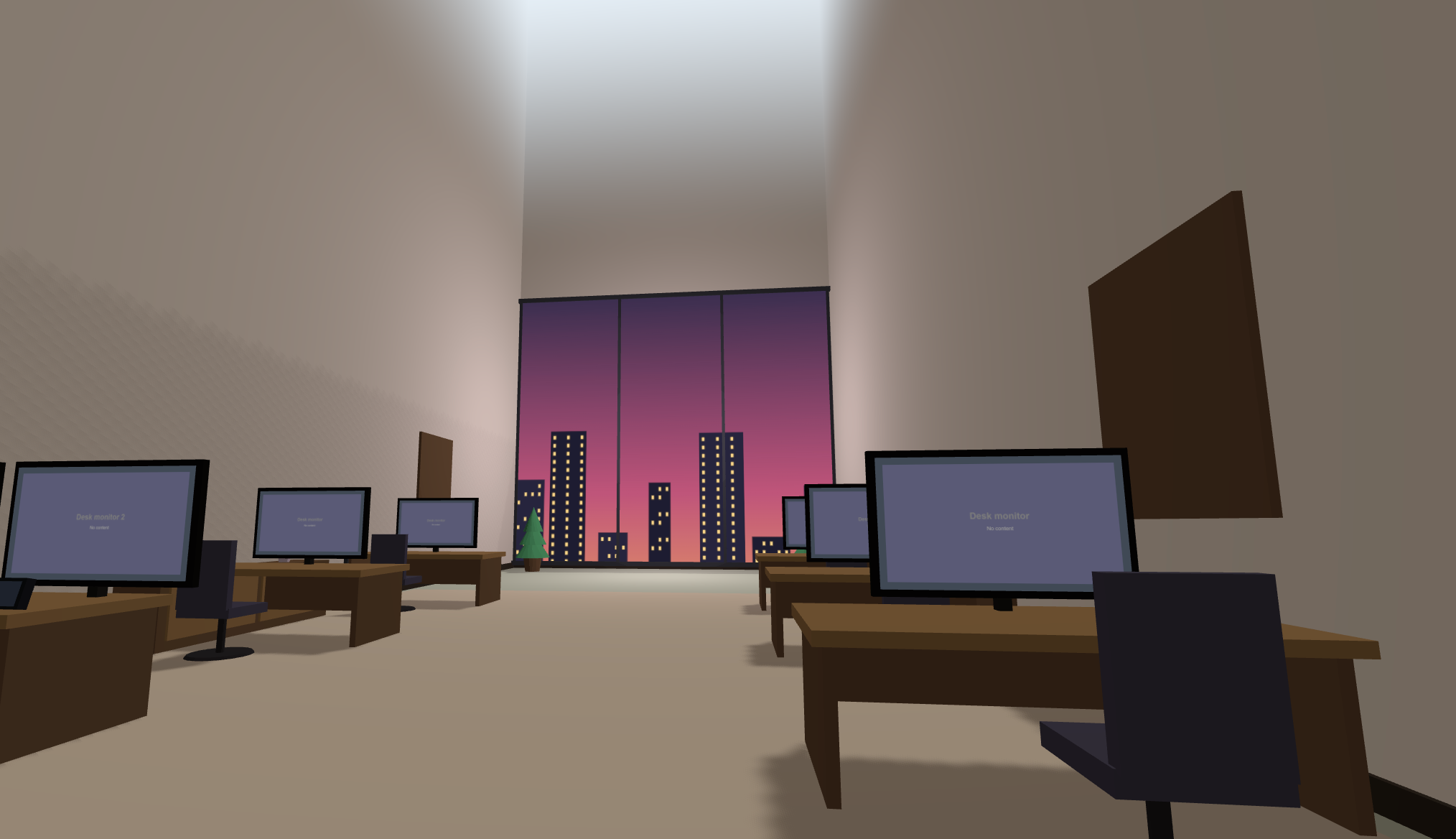 Interior de um departamento Wo@h: secretárias com monitores, cadeiras, janela panorâmica com vista de cidade ao anoitecer